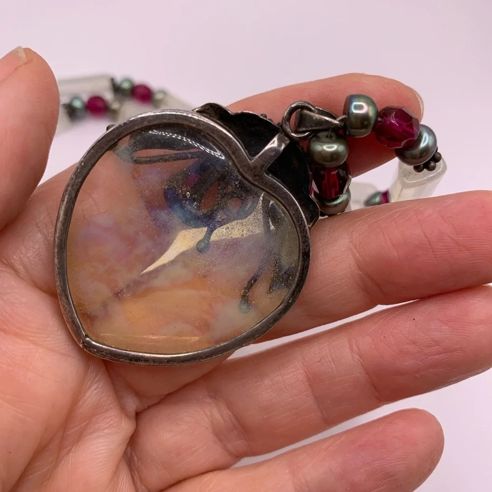 Moonstone and Garnet Sterling Unique Vintage Artisan Made Pendant